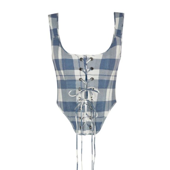 Selkie The Tea Towel  Duchess Corset Top Small Lace Up Blue White Check - Picture 4 of 9